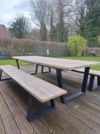 Table et bancs en teck 12 places, Jardin & Terrasse, Comme neuf, Rectangulaire, Bois