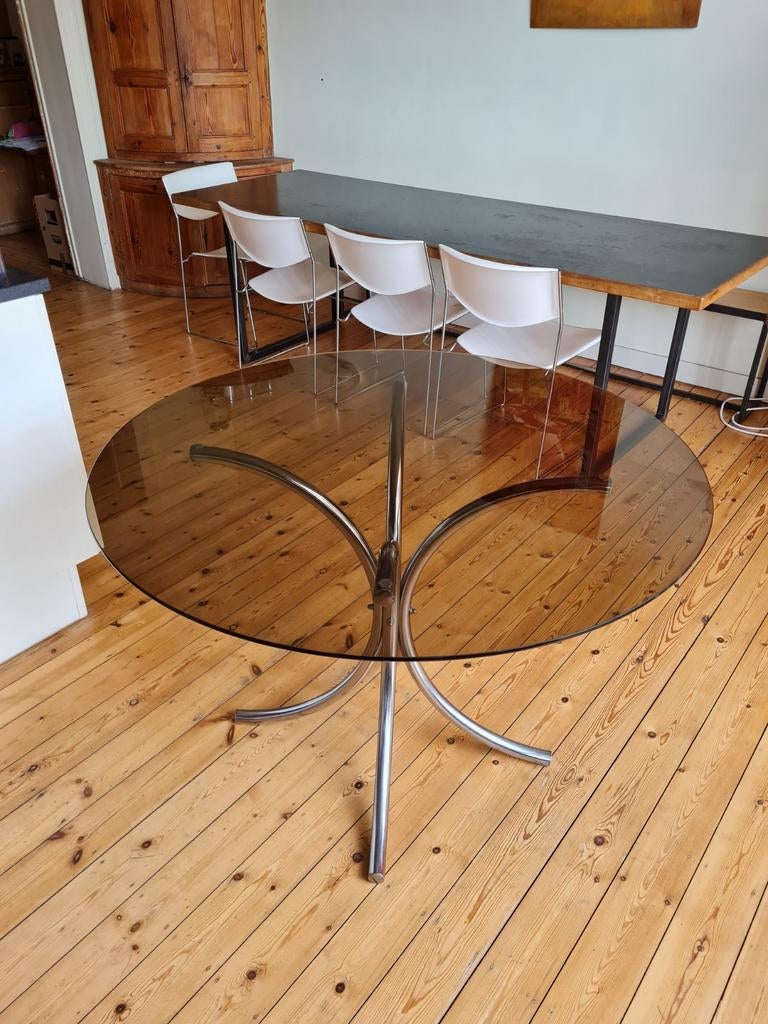 Table ronde vintage verre et inox, Verre