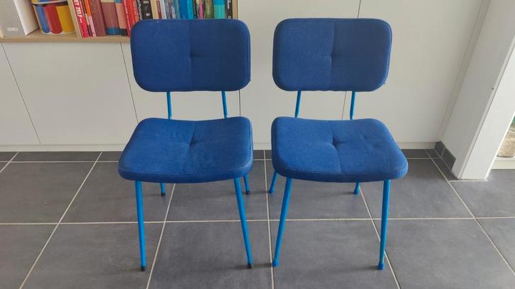 2 Stevige horeca stoelen, Huis en Inrichting, Stoelen, Gebruikt, Twee, Metaal, Stof, Blauw, Ophalen