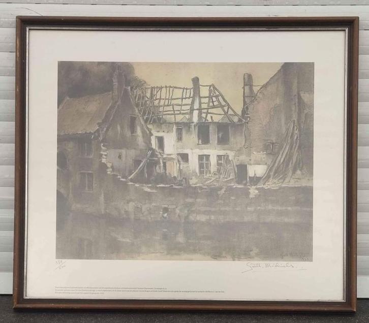 Lithographie maison en ruines signe Guillaume michiels, Antiek en Kunst, Kunst | Litho's en Zeefdrukken, Ophalen of Verzenden