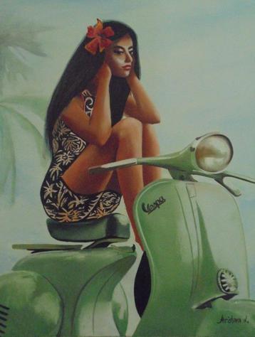 peinture à l'huile Seul sur ma vespa (60x80)