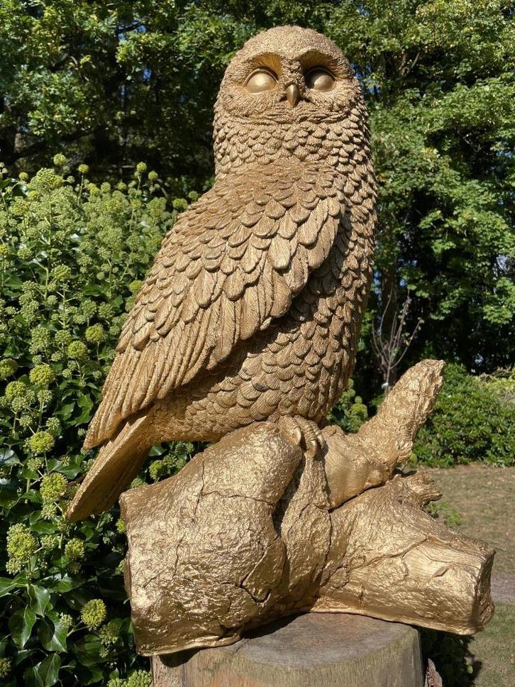 (Tuin)Beeld uil, goud, tuin, gazon, bos, 80cm, Tuin en Terras, Tuinbeelden, Nieuw, Dierenbeeld, Kunststof, Ophalen