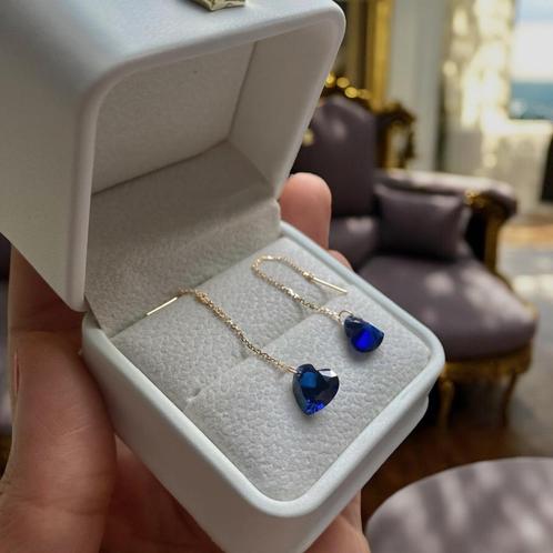 oorbellen saffier edelsteen Geel goud 18K  hart, Handtassen en Accessoires, Oorbellen, Zo goed als nieuw, Hangers, Goud, Blauw