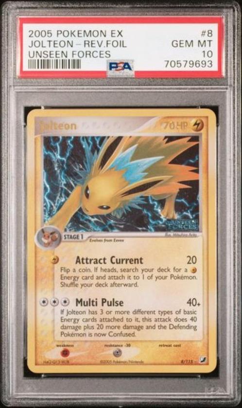 Jolteon Reverse Holo – EX Unseen Forces – PSA 10, Hobby en Vrije tijd, Verzamelkaartspellen | Pokémon, Nieuw, Losse kaart, Foil
