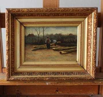 Oud olieverf paneel schilderij en gesigneerd beschikbaar voor biedingen
