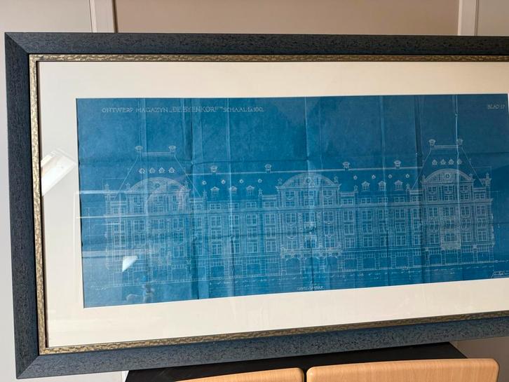 Kader met blauwdruk de bijenkorf Amsterdam, Antiek en Kunst, Kunst | Tekeningen en Fotografie, Ophalen