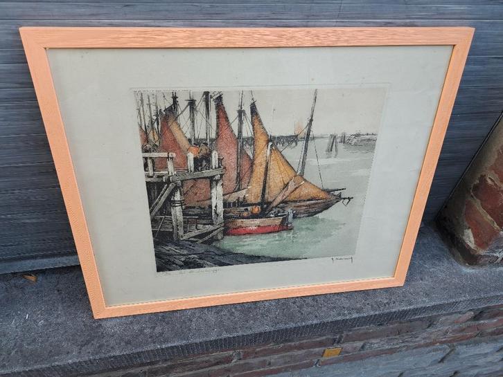 gravure port de zeebrugge signe roger hebbelinck, Antiek en Kunst, Kunst | Etsen en Gravures, Ophalen of Verzenden