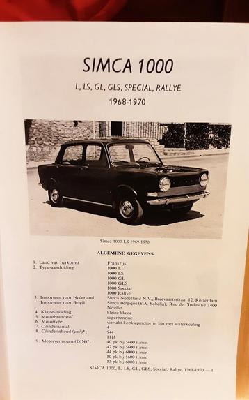 Simca 1000 technische fiche, Boeken, Ophalen of Verzenden, Zo goed als nieuw
