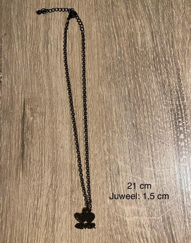 Ketting 21 cm - hangertje 2 hartjes 4ever - zwart, Bijoux, Sacs & Beauté, Colliers, Comme neuf, Noir, Enlèvement ou Envoi