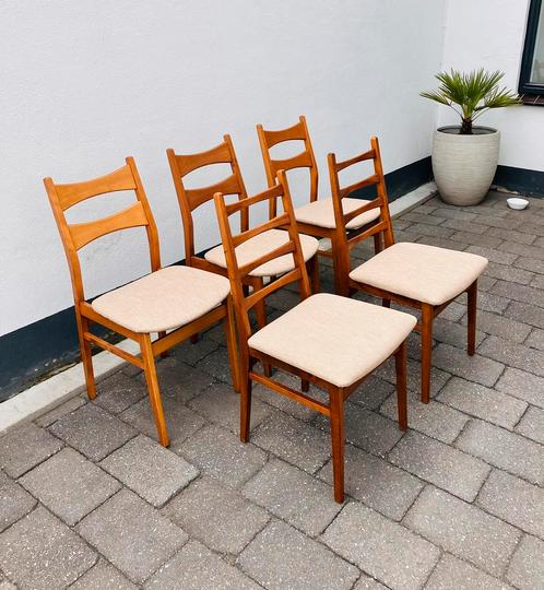 Prachtige set van 5 vintage eetkamerstoelen, Maison & Meubles, Chaises, Comme neuf, Cinq, Six Chaises ou plus, Bois, Tissus, Enlèvement