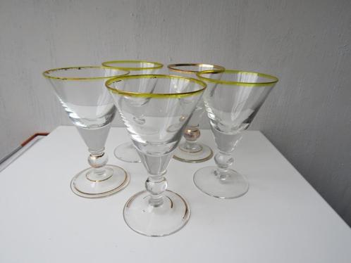 Vintage Hollywood Regency set 5 aperitiefglaasjes verguld 24, Antiek en Kunst, Antiek | Glaswerk en Kristal, Ophalen of Verzenden