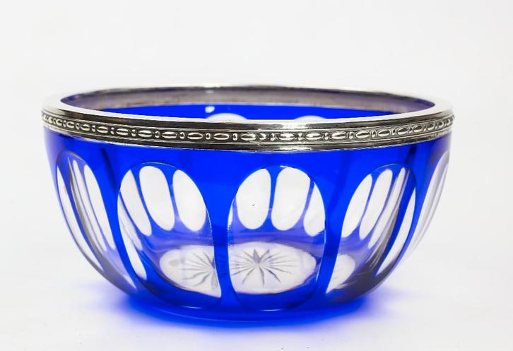 kobaltblauwe kristal bowl met zilveren rand, Antiek en Kunst, Antiek | Glaswerk en Kristal, Ophalen of Verzenden