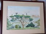 1986 Aquarel natuurlandschap met kraanvogels, Ophalen
