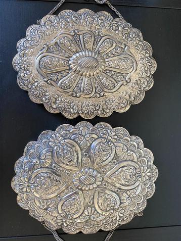 Paire de Miroirs Turque en Argent 1910-1920, Antiquités & Art, Enlèvement ou Envoi, Ovale, Moins de 50 cm, Moins de 100 cm