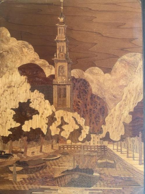 Marqueterie in hout: toren boven kanaal, Antiek en Kunst, Kunst | Overige Kunst, Ophalen of Verzenden