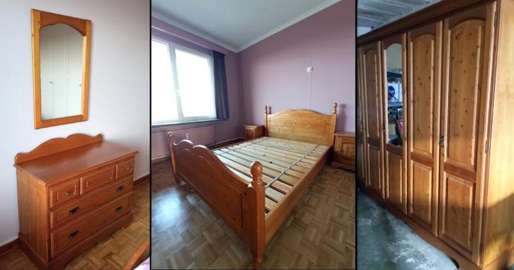 Volledige slaapkamer in massief grenen (bed: 140cm breed), Huis en Inrichting, Slaapkamer | Complete slaapkamers, Gebruikt, Twijfelaar