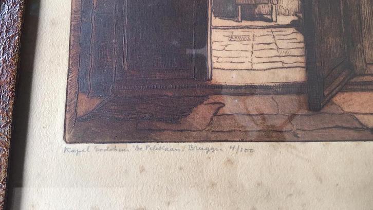 Brugge : ets Kapel Godshuis” De pelikaan” van Severin, Antiek en Kunst, Kunst | Etsen en Gravures, Ophalen