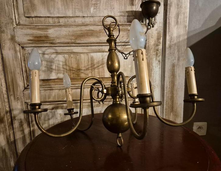 Vintage messing kroonluchter – 5-armige klassieke lamp, Huis en Inrichting, Lampen | Kroonluchters, Zo goed als nieuw, Ophalen