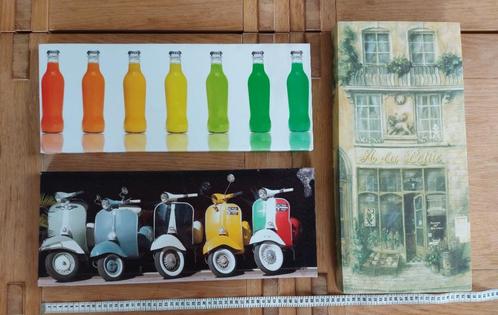 Canvasdoek flesjes / vespa / restaurantje aan €5 per stuk, Huis en Inrichting, Woonaccessoires | Wanddecoraties, Gebruikt, Ophalen of Verzenden
