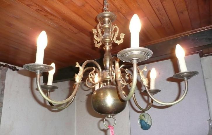 Vintage koperen luster/kroonluchter (6 armen), Huis en Inrichting, Lampen | Kroonluchters, Gebruikt, Metaal, Ophalen of Verzenden