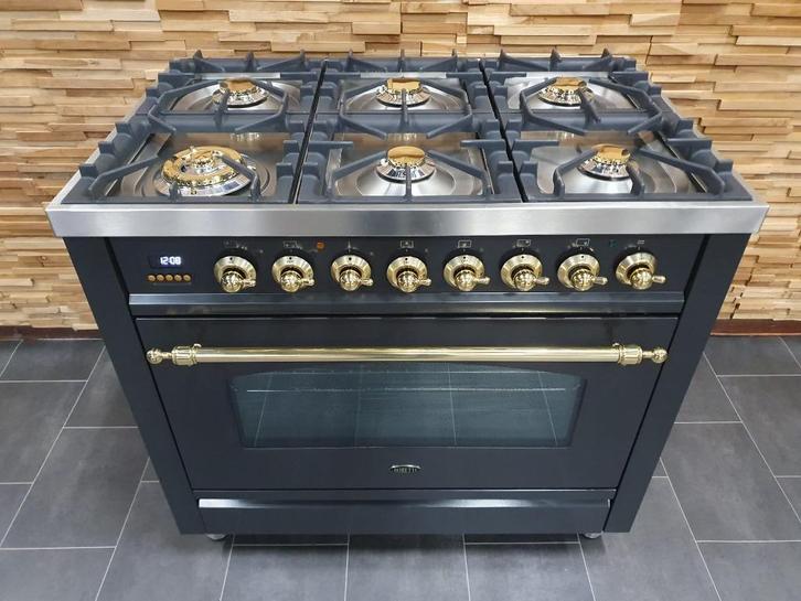 🔥Luxe Boretti Fornuis 90cm antraciet messing 6 pit 300 ove, Elektronische apparatuur, Fornuizen, Zo goed als nieuw, Vrijstaand