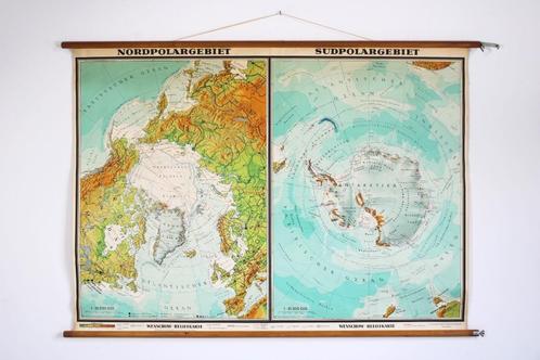 schoolkaart met Noord- en Zuidpool, Antiek en Kunst, Antiek | Schoolplaten, Aardrijkskunde, Ophalen