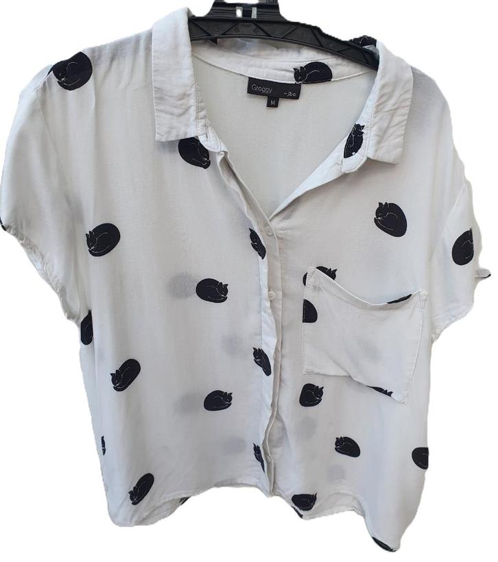 Witte blouse met zwarte poesjes maat M van JBC, Kleding | Dames, Blouses en Tunieken, Gedragen, Maat 38/40 (M), Ophalen of Verzenden