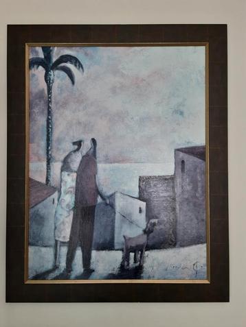 Koppel met hond aan de kust. 92 cm h,73 cm br. Donkere kader beschikbaar voor biedingen