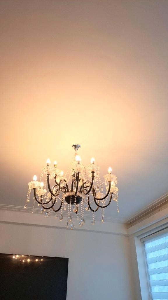 Moderne kristallen kroonluchter met 15 lampes, Huis en Inrichting, Lampen | Plafondlampen, Zo goed als nieuw, Ophalen