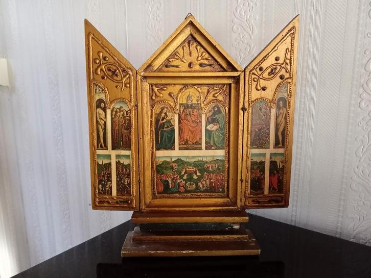 Antiek miniatuur retabel 'Lam Gods', Antiek en Kunst, Antiek | Religieuze voorwerpen, Ophalen of Verzenden