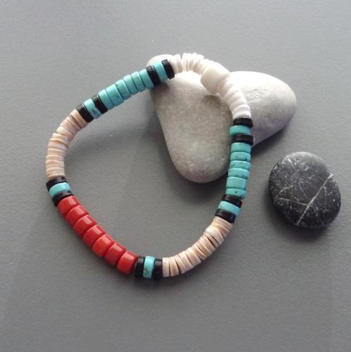 Indiaanse armband voor heren of dames turkoois koraal Surfer, Handtassen en Accessoires, Armbanden, Nieuw, Elastiek, Rood, Met bedels of kralen