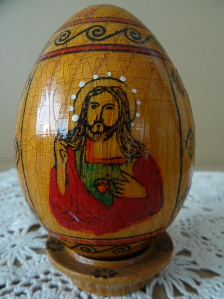 Beschilderd houten ei Jezus Christus Maria Moeder Gods 10cm, Verzamelen, Religie, Gebruikt, Christendom | Katholiek, Overige typen