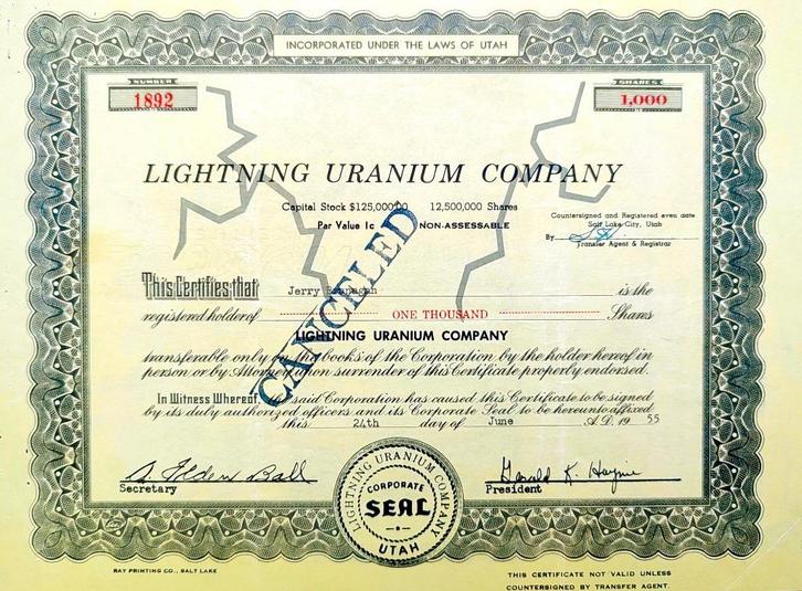 Lightning Uranium Company (koude oorlog) 1955, Postzegels en Munten, Aandelen en Waardepapieren, Certificaat van aandeel, 1970 tot heden