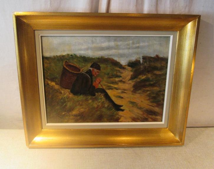 Mooi Oud Geschilderd Werk 'Oude Man rust in Duinen' - Latour, Antiek en Kunst, Kunst | Schilderijen | Klassiek, Ophalen of Verzenden