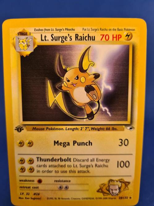 Lt. Surge's Raichu 28/132 - Gym Heroes (1st edition), Hobby en Vrije tijd, Verzamelkaartspellen | Pokémon, Gebruikt, Verzenden