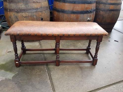 Toffe antieke bank met lederen top, bekleding., Antiek en Kunst, Curiosa en Brocante, Ophalen