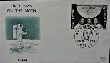 FIRST DAY COVER- THEMA RUIMTEVAART- MAANLANDING APOLLO 11, Enlèvement ou Envoi, Espace, Affranchi, Oblitération 1er jour
