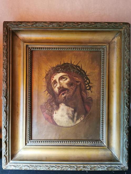 Olieverf schilderij op doek- Jezus Christus met doornenkrans, Antiek en Kunst, Antiek | Religieuze voorwerpen, Ophalen