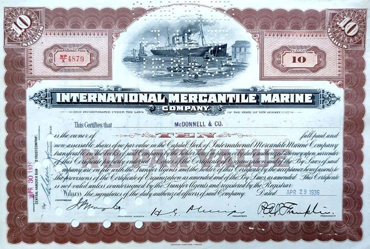 International (TITANIC) Mercantile Marine Company 1936, Postzegels en Munten, Aandelen en Waardepapieren, Certificaat van aandeel