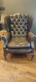 Engelse Donkerbruine Rundlederen Chesterfield Oorfauteuil, Ophalen