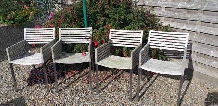 Teak en inox tuinstoelen met armleuning 4 stuks, Tuin en Terras, Tuinstoelen, Gebruikt, Teakhout, Ophalen