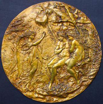A. Gilbert  Bas relief en bronze doré et signé, Envoi
