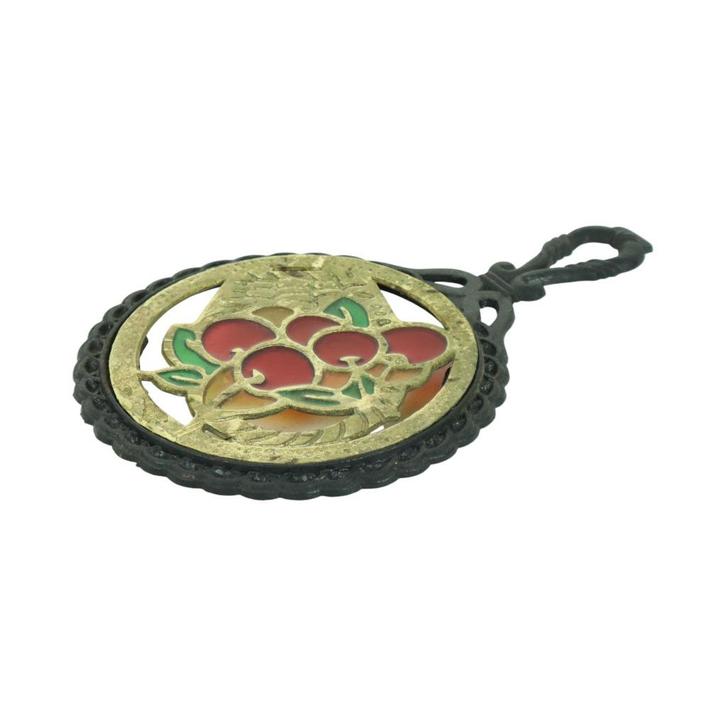 Vintage Onderzetter Gietijzer Messing Gekleurd Glas Kersen, Huis en Inrichting, Woonaccessoires | Onderzetters, Gebruikt, Ophalen of Verzenden