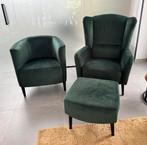 2 donkergroene fluwelen fauteuils met 1 poef, Huis en Inrichting, Ophalen, Zo goed als nieuw, Stof