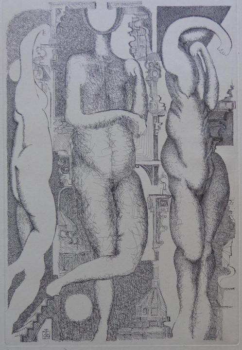 DORIS RIGAUX / FIGUREN / ZW-W ETS / 70x49cm / SIG, Antiek en Kunst, Kunst | Litho's en Zeefdrukken, Ophalen of Verzenden