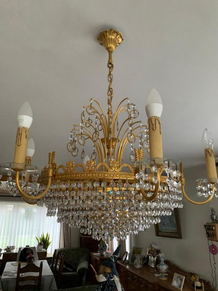 Grote klassieke kristallen kroonluchter – goudkleurig, Huis en Inrichting, Lampen | Kroonluchters, Zo goed als nieuw, Ophalen