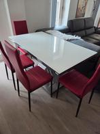 Design tafel glazen blad L 140 B 80 H 77 / 4 nieuwe stoelen, Huis en Inrichting, Tafels | Eettafels, Ophalen, Zo goed als nieuw