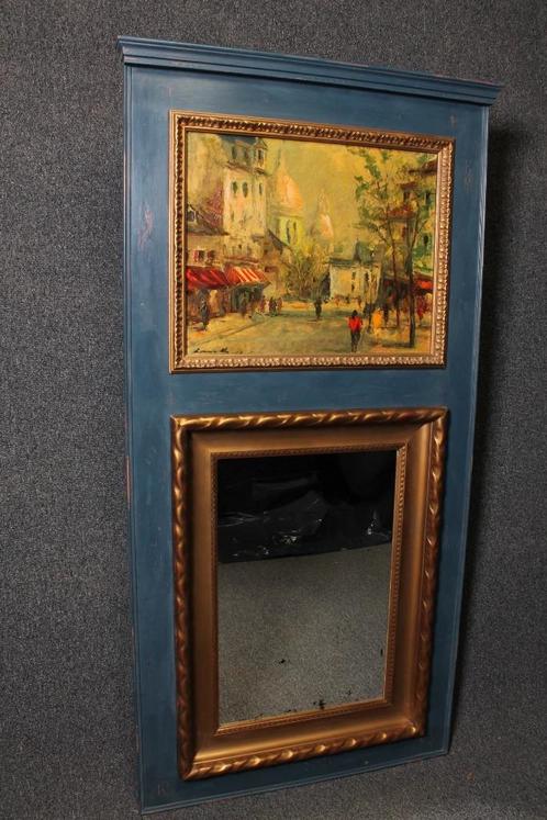 Blauwe schouwspiegel met voorstelling van Parijs stadsgezich, Huis en Inrichting, Woonaccessoires | Spiegels, Gebruikt, 75 tot 100 cm
