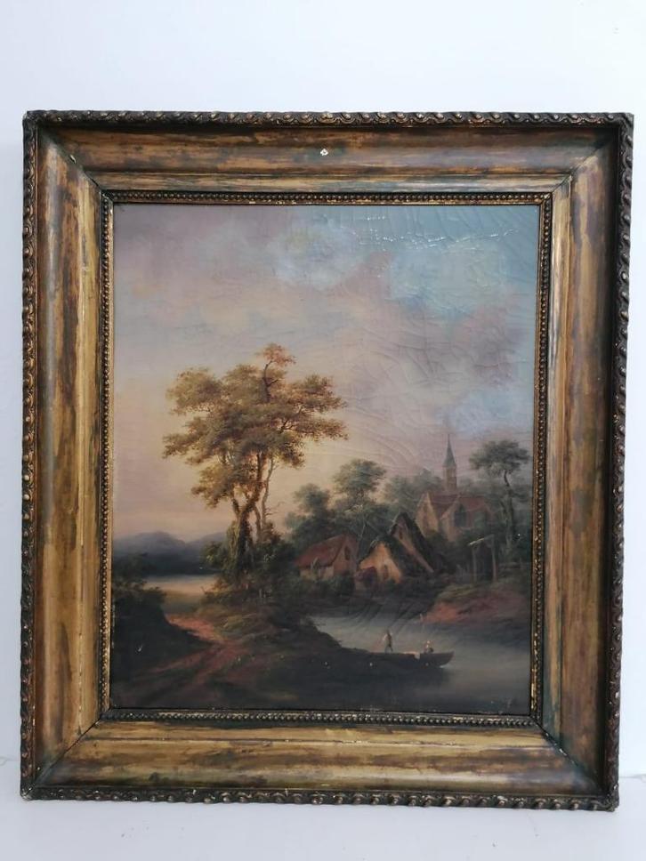 Antiek schilderij op doek, gesigneerd, Antiek en Kunst, Kunst | Schilderijen | Klassiek, Ophalen of Verzenden