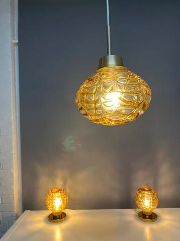 Set vintage Doria lampen amber glas 1x hang 2x tafel beschikbaar voor biedingen